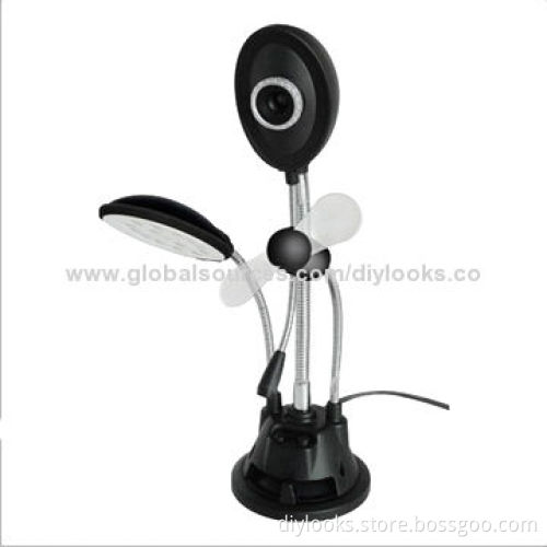 USB Driverless PC Camera with LED Light, Fan, Mic & Vacuum Cup Sucker